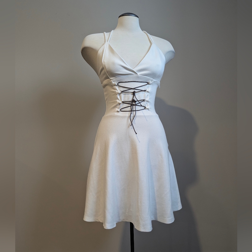 Y2K White Corset Lace Up Skater Dress Open Back Coquette Fairy Goth Summer